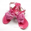 Hot Pink Chiffon Rosettes Pearl T-Strap Flat Ankle Sandals A88-7Hot Pink 